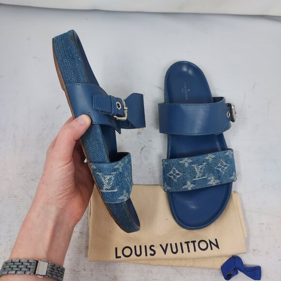Louis Vuitton Denim Blue Buckle Bom Dia Monogram Flat Sandal - Picture 5 of 15